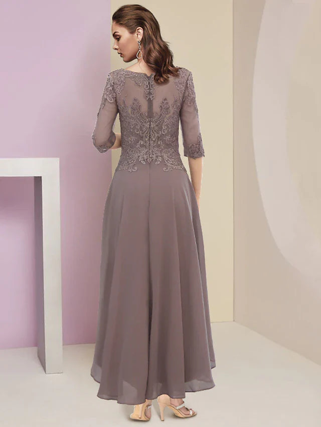 Wholesale A-Line Mother of the Bride Dress Elegant High Low Jewel Neck Asymmetrical Ankle Length Chiffon Lace Half Sleeve with Pleats Appliques